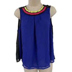 Nicole Miller Shirt Large Women’s Blue Black Jewel Necklace Career Work Tank